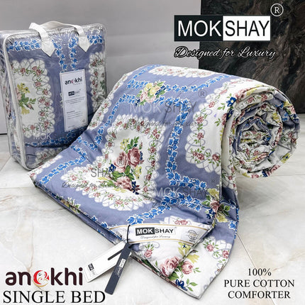ANOKHI 100% PURE COTTON SINGLE BED REVERSIBLE COMFORTER WITH ATTACHE BAG