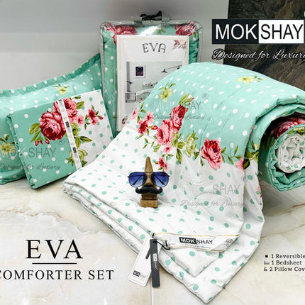 EVA 4PCS LUXURIOUS HEAVY QUALITY DOUBLE BED QUILTED COMFORTER SET WITH BOOKFOLD BEDSHEET & 2 PILLOW COVERS (1+1+2)(FREE LEATHER BAG)