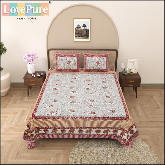 Samraat King 100% organic cotton Block Print Bedsheet Set (1+2) WITH 2 PILLOW COVERS (RAJGHARAANE KI PASAND)