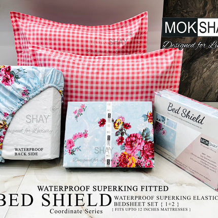 BEDSHIELD (2-IN-1) WATERPROOF SUPERKING SIZE 360° ELASTIC FITTED BEDSHEET SET(BEDSHEET+MATTRESS PROTECTOR) WITH 2 KINGSIZE PILLOW COVERS(WITH PREMIUM BAG)(1+2)