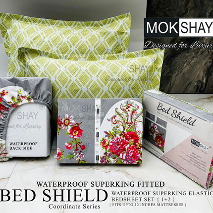 BEDSHIELD (2-IN-1) WATERPROOF SUPERKING SIZE 360° ELASTIC FITTED BEDSHEET SET(BEDSHEET+MATTRESS PROTECTOR) WITH 2 KINGSIZE PILLOW COVERS(WITH PREMIUM BAG)(1+2)