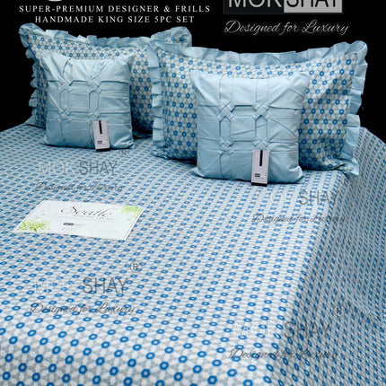 SEATTLE KING SUPER-PREMIUM HANDMADE DESIGNER & FRILL KING SIZE 5PC BEDDING SET WITH 2 DESIGNER CUSHIONS + 2 PILLOW COVERS (FREE PREMIUM LUXURY BAG FOR GIFTING)(1+2+2)