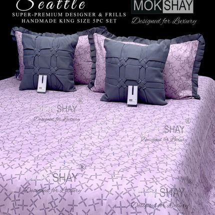 SEATTLE KING SUPER-PREMIUM HANDMADE DESIGNER & FRILL KING SIZE 5PC BEDDING SET WITH 2 DESIGNER CUSHIONS + 2 PILLOW COVERS (FREE PREMIUM LUXURY BAG FOR GIFTING)(1+2+2)