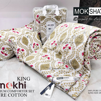 ANOKHI 4PCS 100% PURE COTTON KING SIZE PREMIUM REVERSIBLE COMFORTER SET WITH BOOKFOLD BEDSHEET & 2 PILLOW COVERS (1+2+1)