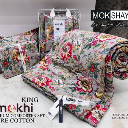 ANOKHI 4PCS 100% PURE COTTON KING SIZE PREMIUM REVERSIBLE COMFORTER SET WITH BOOKFOLD BEDSHEET & 2 PILLOW COVERS (1+2+1)
