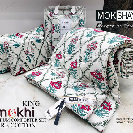 ANOKHI 4PCS 100% PURE COTTON KING SIZE PREMIUM REVERSIBLE COMFORTER SET WITH BOOKFOLD BEDSHEET & 2 PILLOW COVERS (1+2+1)
