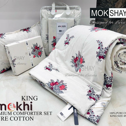 ANOKHI 4PCS 100% PURE COTTON KING SIZE PREMIUM REVERSIBLE COMFORTER SET WITH BOOKFOLD BEDSHEET & 2 PILLOW COVERS (1+2+1)