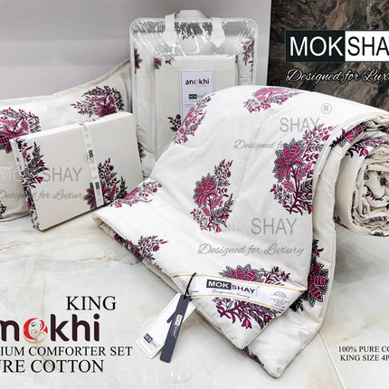 ANOKHI 4PCS 100% PURE COTTON KING SIZE PREMIUM REVERSIBLE COMFORTER SET WITH BOOKFOLD BEDSHEET & 2 PILLOW COVERS (1+2+1)