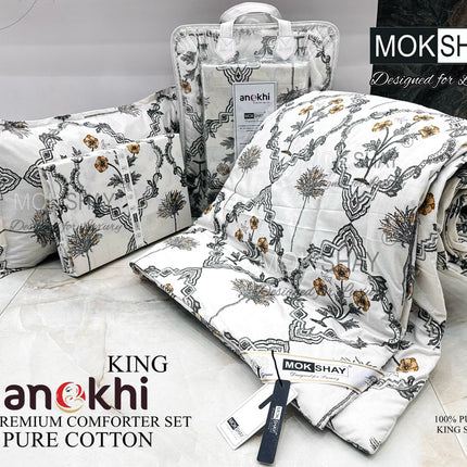 ANOKHI 4PCS 100% PURE COTTON KING SIZE PREMIUM REVERSIBLE COMFORTER SET WITH BOOKFOLD BEDSHEET & 2 PILLOW COVERS (1+2+1)
