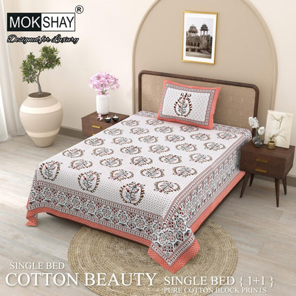 COTTON BEAUTY 100% PURE COTTON SINGLE BED (60*90)Traditional handcrafted BLOCK PRINT SINGLE BED Bedsheet set(1+1)